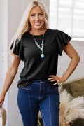 Black Layered Ruffle Short Sleeve Round Neck Top 🇨🇳