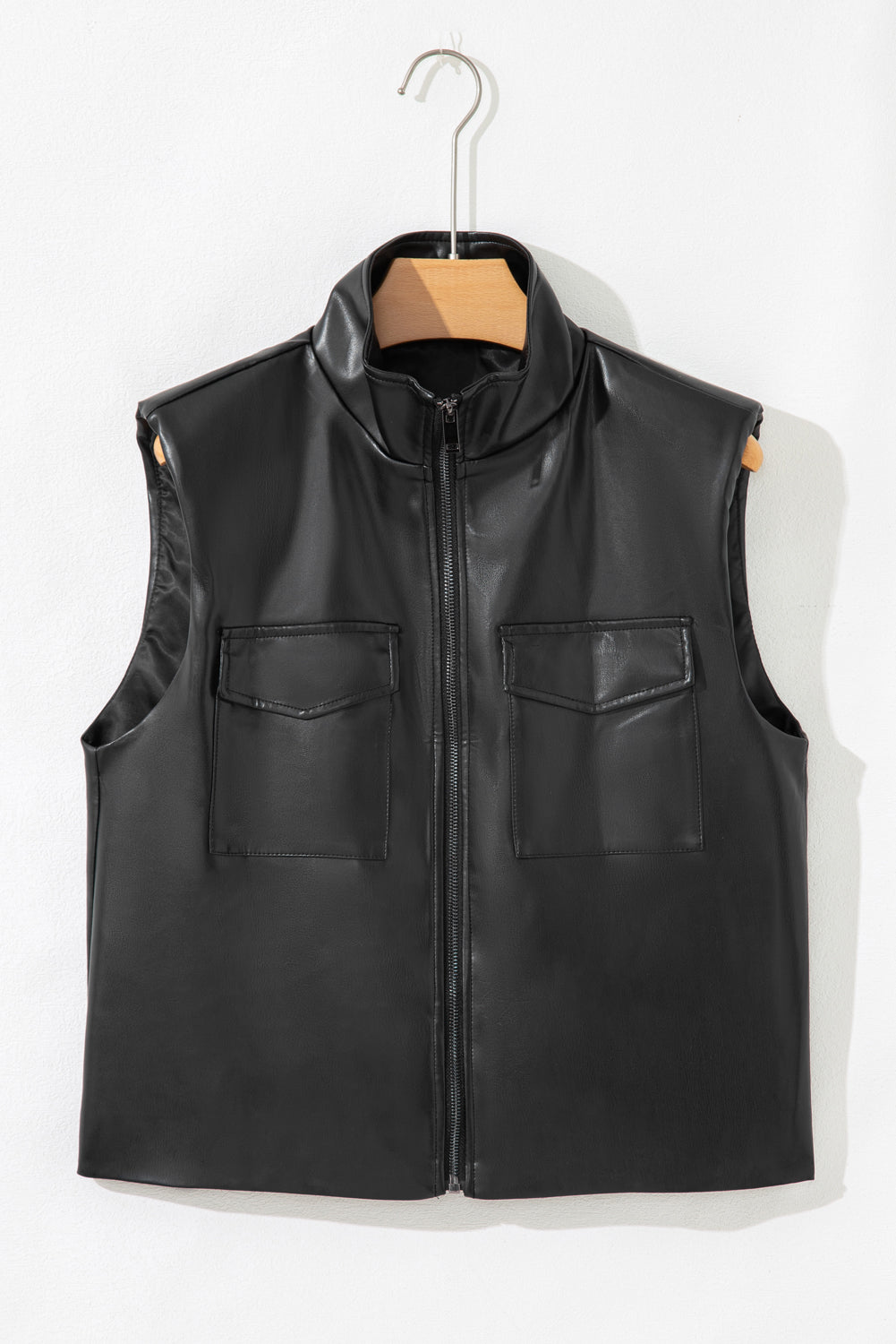 Black Double Flap Pocket Faux Leather Zip Up Stand Neck Vest 🇺🇸