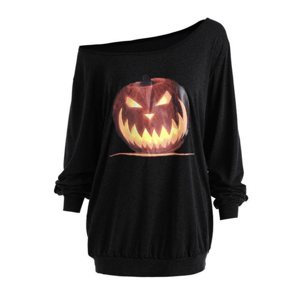 Cross Shoulder Halloween Angry Pumpkin Print Top 🇨🇳