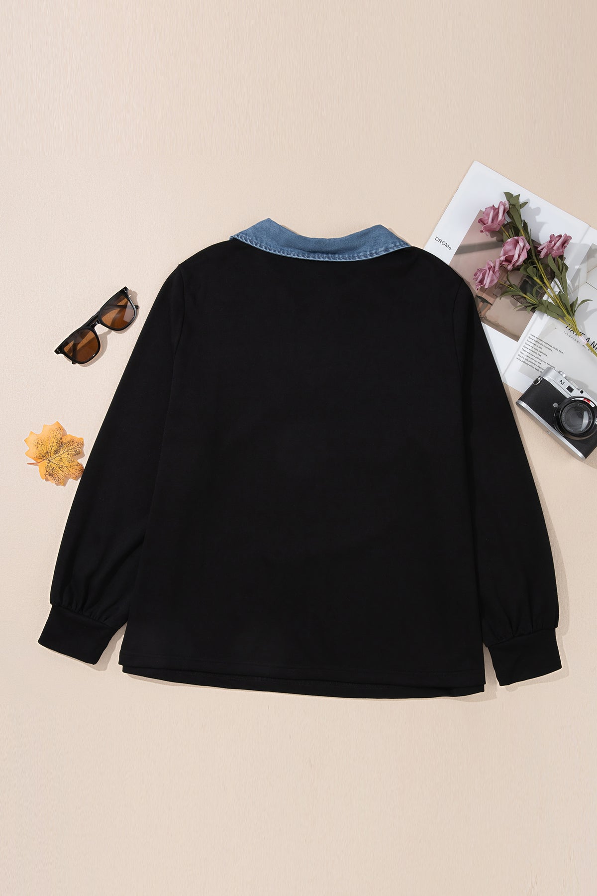 Black Solid V Neck Tunic Shift Long Sleeve Plus Size Blouse 🇺🇸