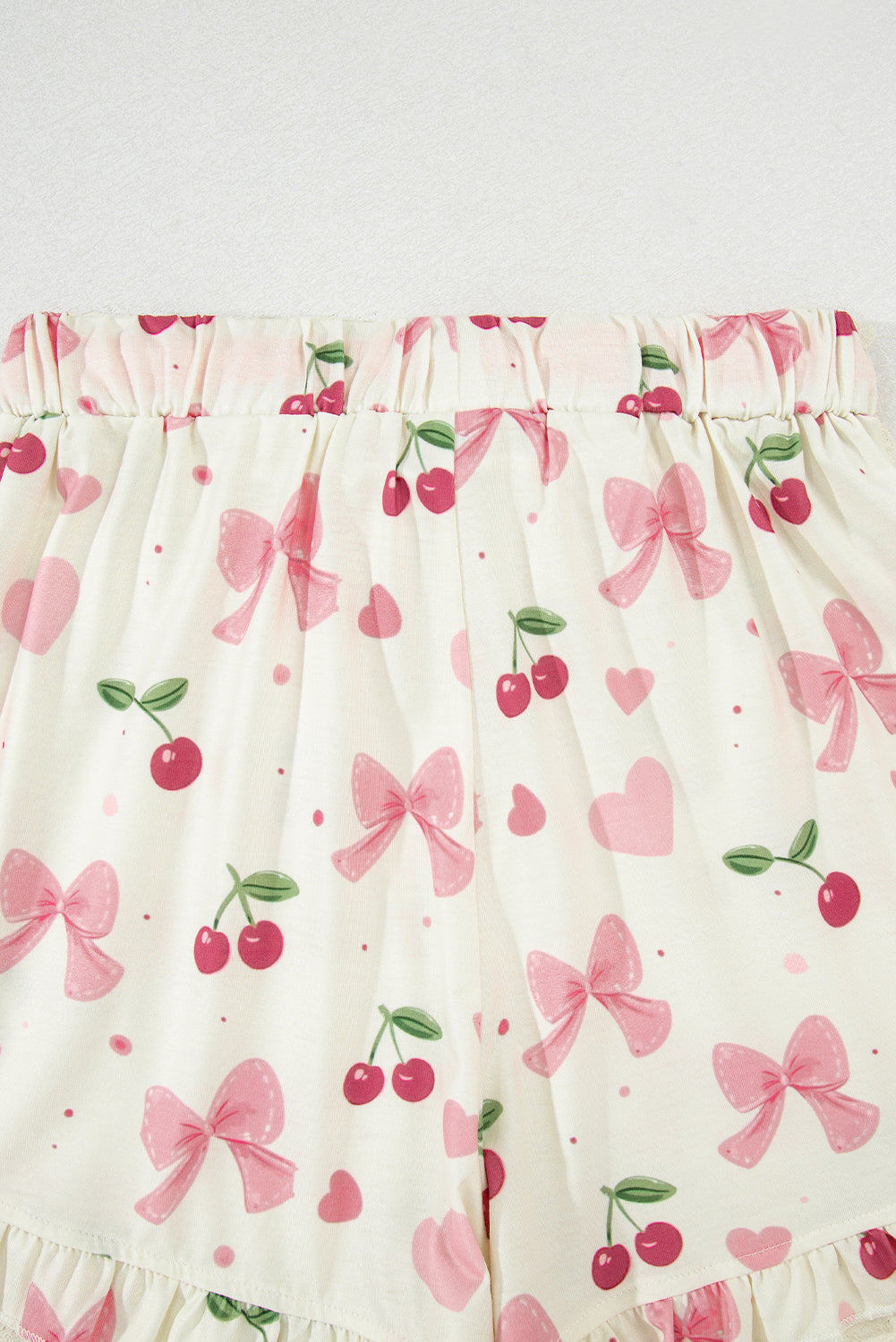 Beige Bow Fruit Print Contrast Pipping Short Pajamas Set 🇨🇳