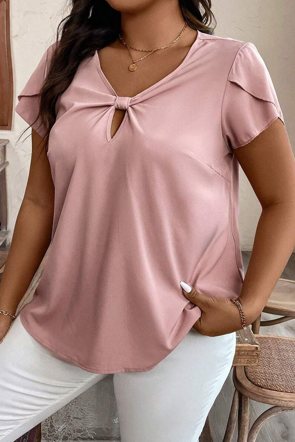 Pink Knotted Keyhole Front Petal Short Sleeve Plus Size Top 🇨🇳