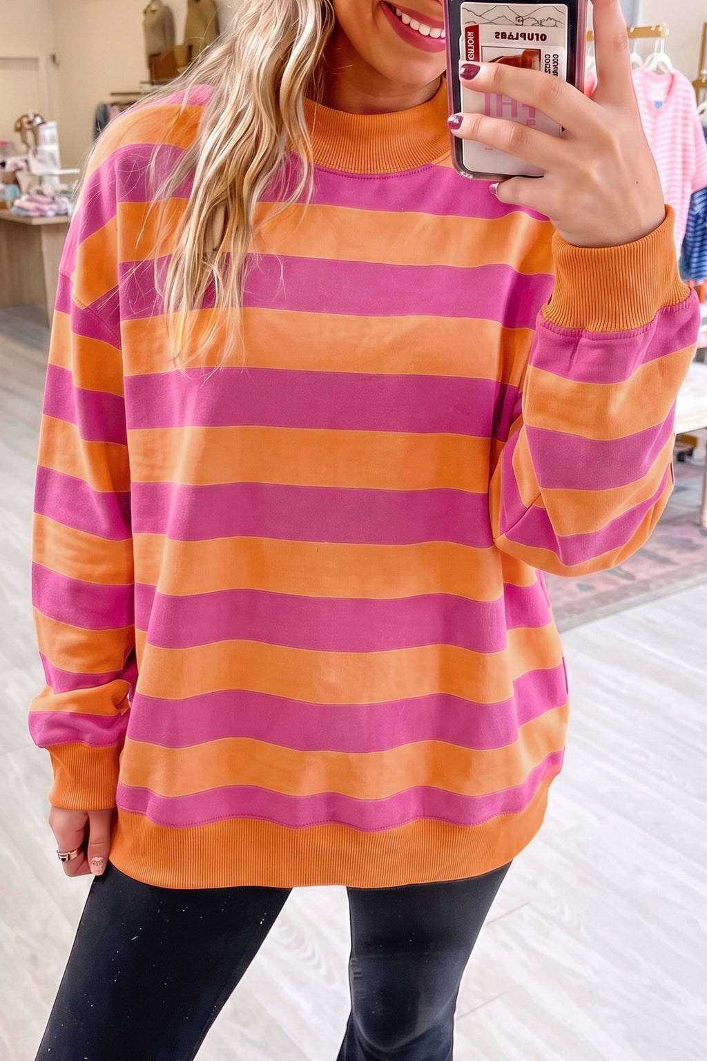 Blue Stripe Colorblock Mock Neck Relaxed Sweatshirt 🇺🇸