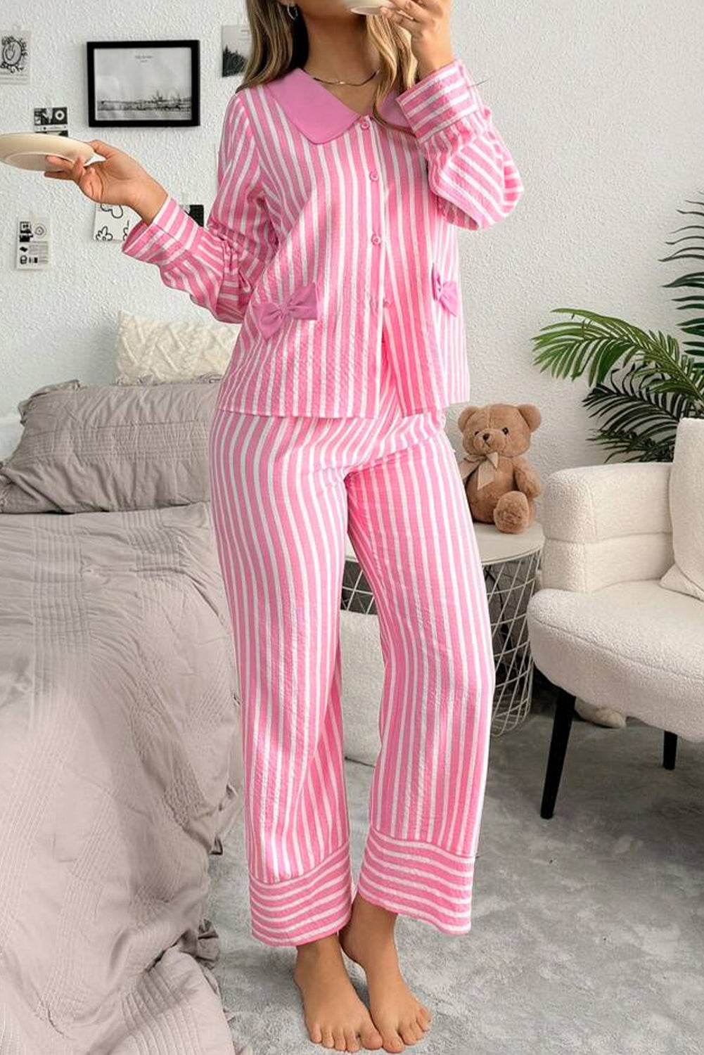 Pink Stripe Buttoned Front Long Sleeve Top and Pants 2 Piece Sleepwear 🇺🇸