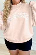 Light Pink BLESSED Embroidered Trim Patch Graphic Plus Size Mock Neck Sweatshirt 🇺🇸