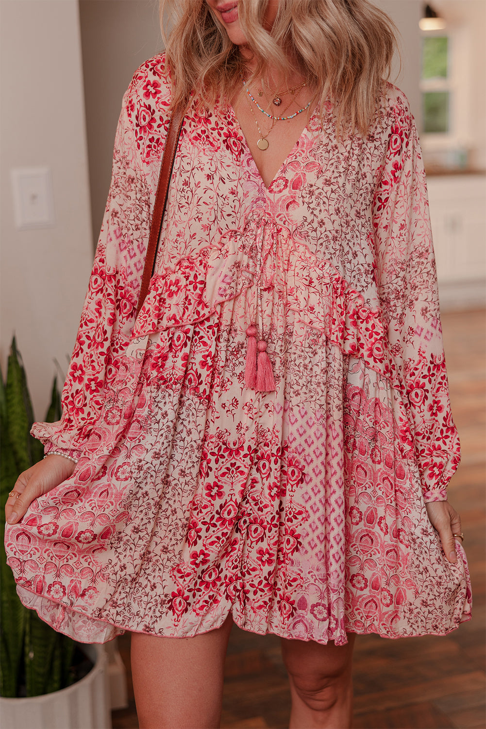 Pink Bohemian Floral Print Tassel Tie Long Sleeve Flowy Mini Dress 🇺🇸