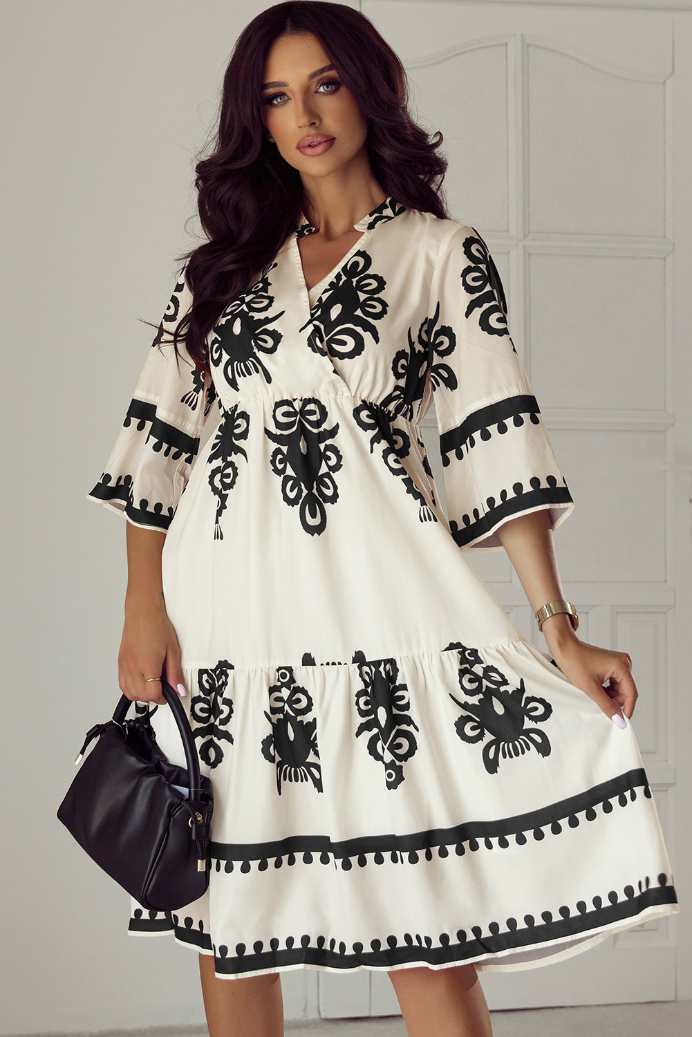 Beige Western Geometric Print 3/4 Sleeve Loose Midi Dress 🇺🇸