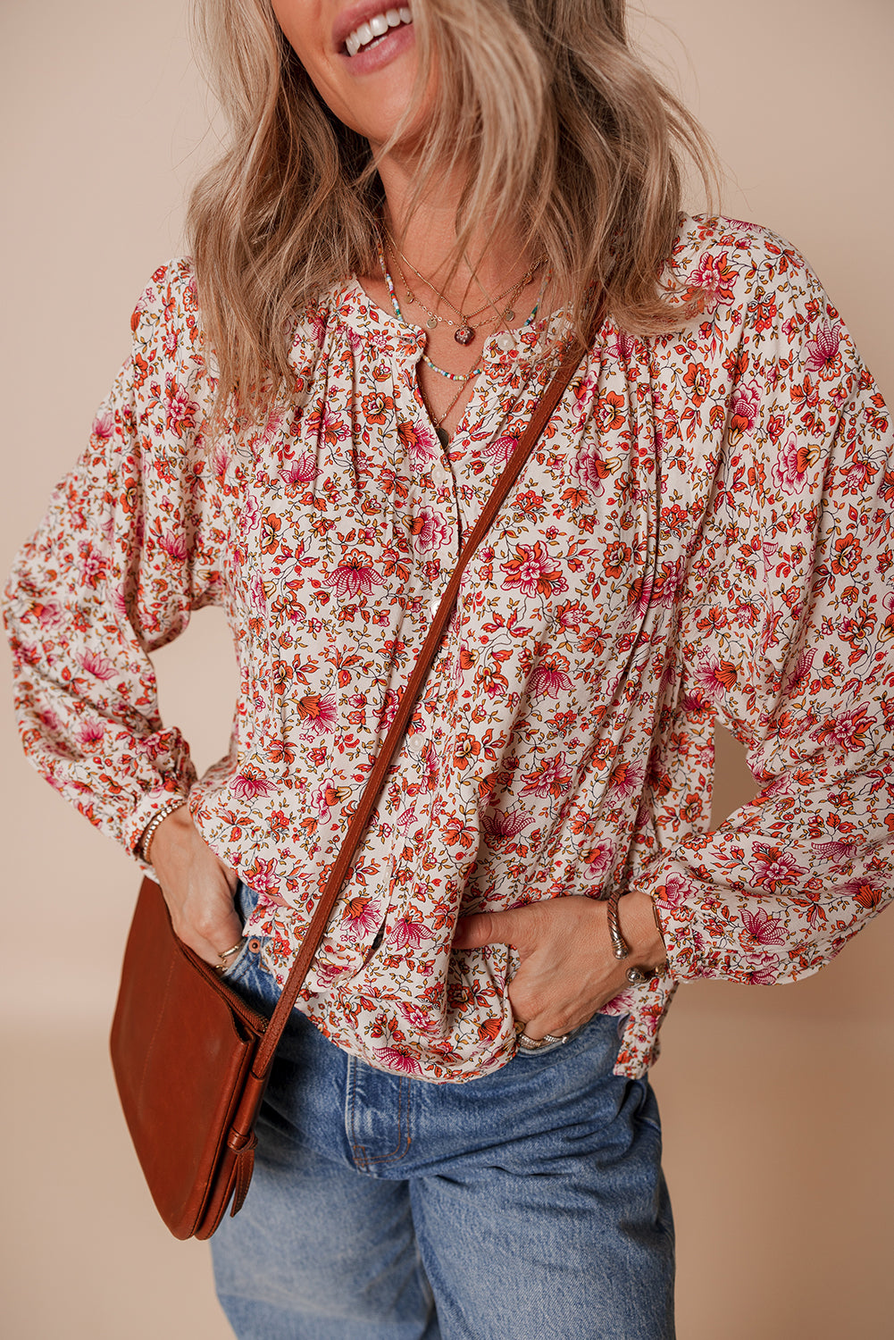 Red Floral Print Pleated Detail Notched Neck Puff Sleeve Blouse 🇺🇸