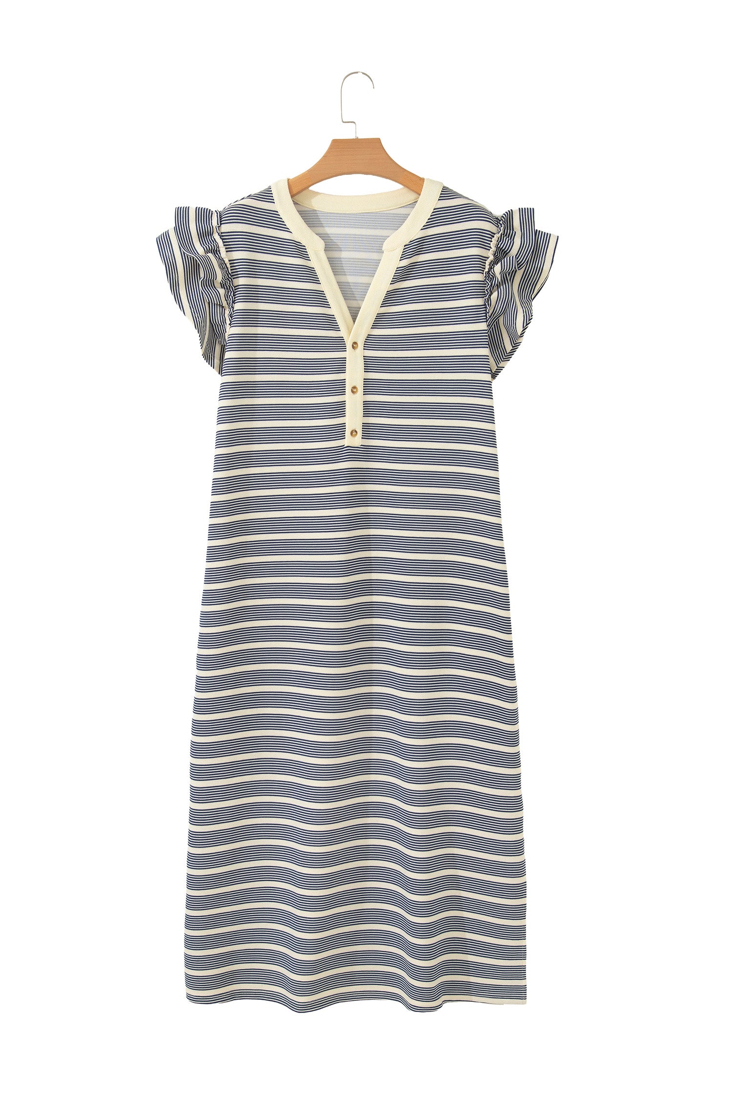 Blue Stripe Plus Size Contrast Trim Button V Neck Ruffle Sleeve Shift Dress 🇺🇸
