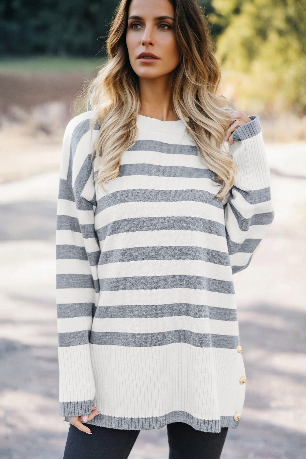 Gray Stripe Ribbed Buttoned Detail Drop Shoulder Tunic Sweater 🇺🇸