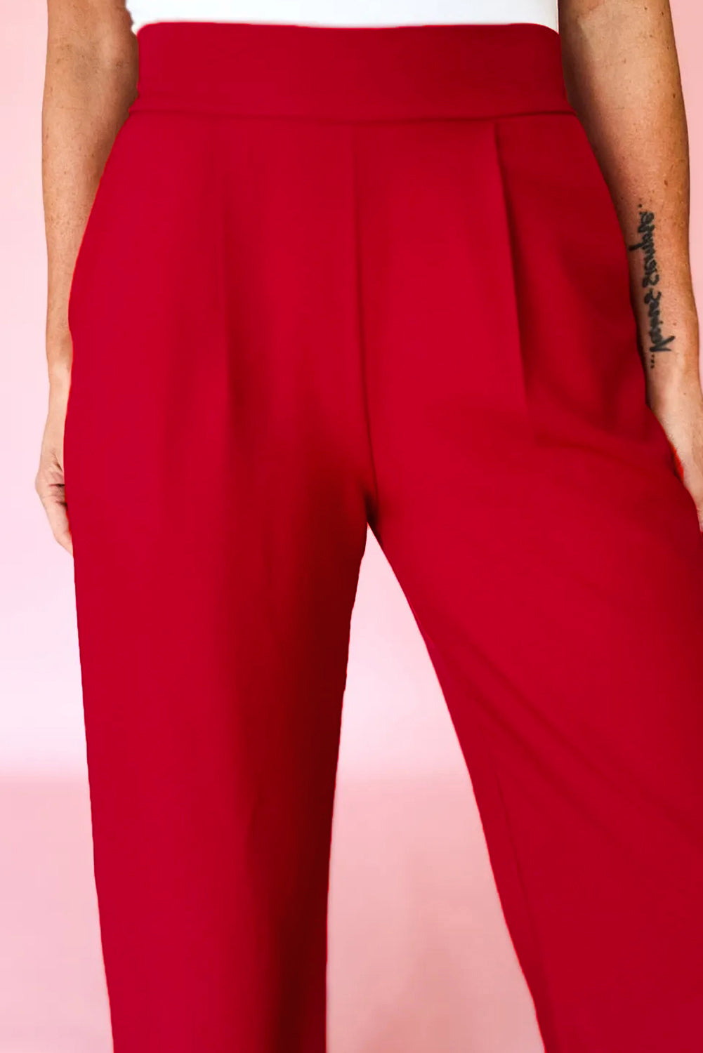 Fiery Red Pleated Detail Pull On High Elastic Waist Loose Straight Pants 🇺🇸