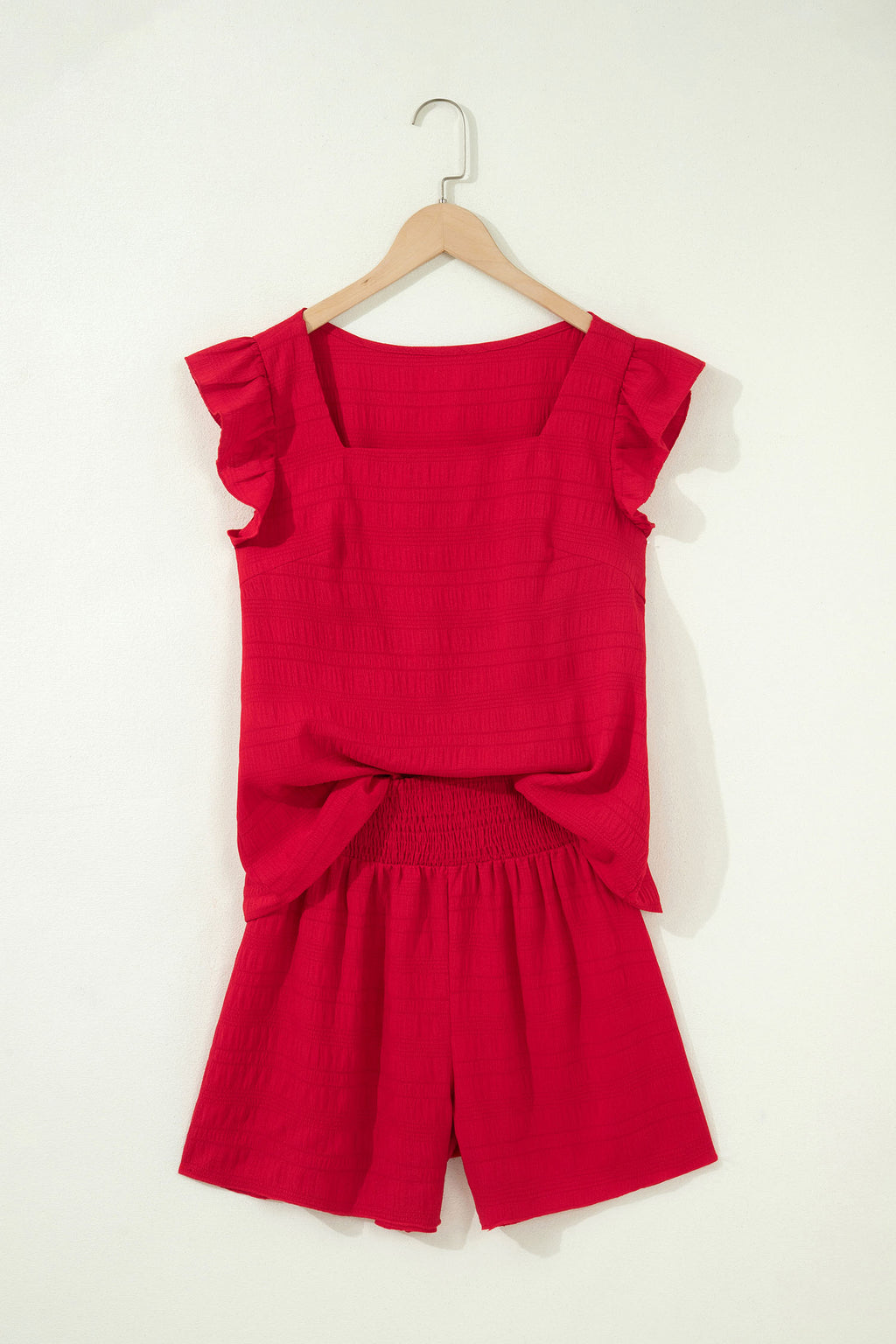 Fiery Red Textured Square Neck Top and Shirred High Waist Shorts Set 🇺🇸
