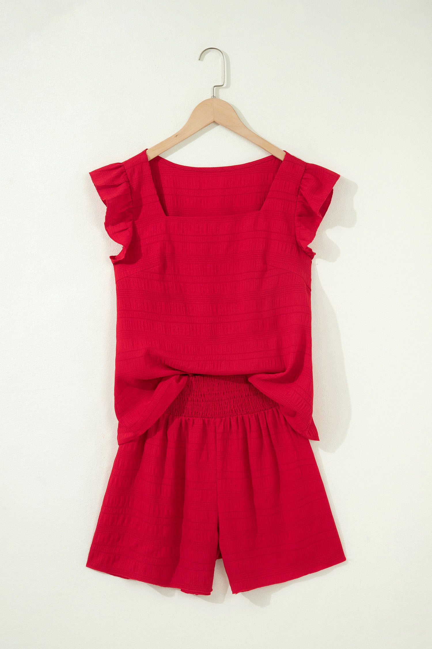 Fiery Red Textured Square Neck Top and Shirred High Waist Shorts Set 🇺🇸