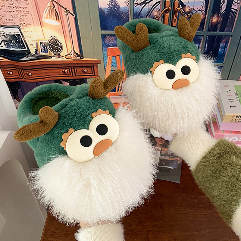 Cute Cartoon Christmas Deer Cotton Shoes Winter Indoor Floor Home Slippers Half-covered Heel Warm Plush Shoes Women 🇨🇳