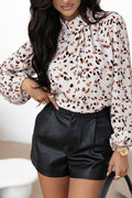 White Leopard Print Lantern Sleeve Mock Neck Pleated Blouse 🇺🇸
