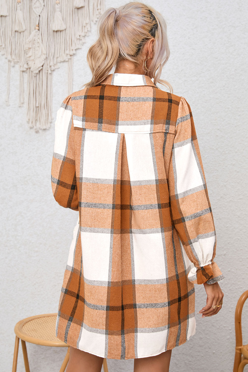 Khaki Plaid Pattern Collared Neck Ruffled Sleeve Shirt Dress 🇺🇸
