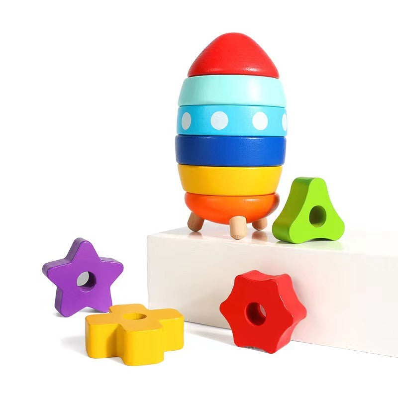 Stacked Rocket Wooden Children's Shape Matching Cognitive Geometry Toy Rainbow Tower Circle Stacked Music Collar Ring 🇨🇳