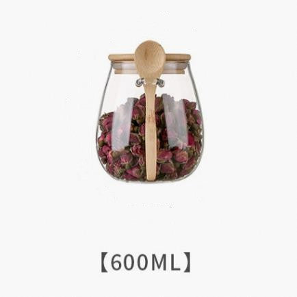 Kitchen Glass Jar Glass Spice Jar Bamboo Wooden Lid Food Storage Container With Spoon 🇨🇳