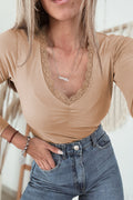 Smoke Gray Lace-trimmed Sweetheart Neckline Ruched Detail Long Sleeve T-shirt 🇺🇸