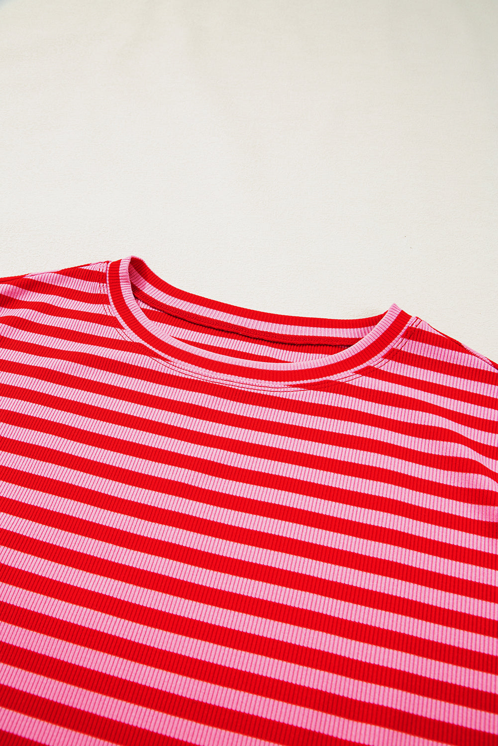 Red Stripe Ribbed Cap Sleeve Round Neck T Shirt 🇨🇳