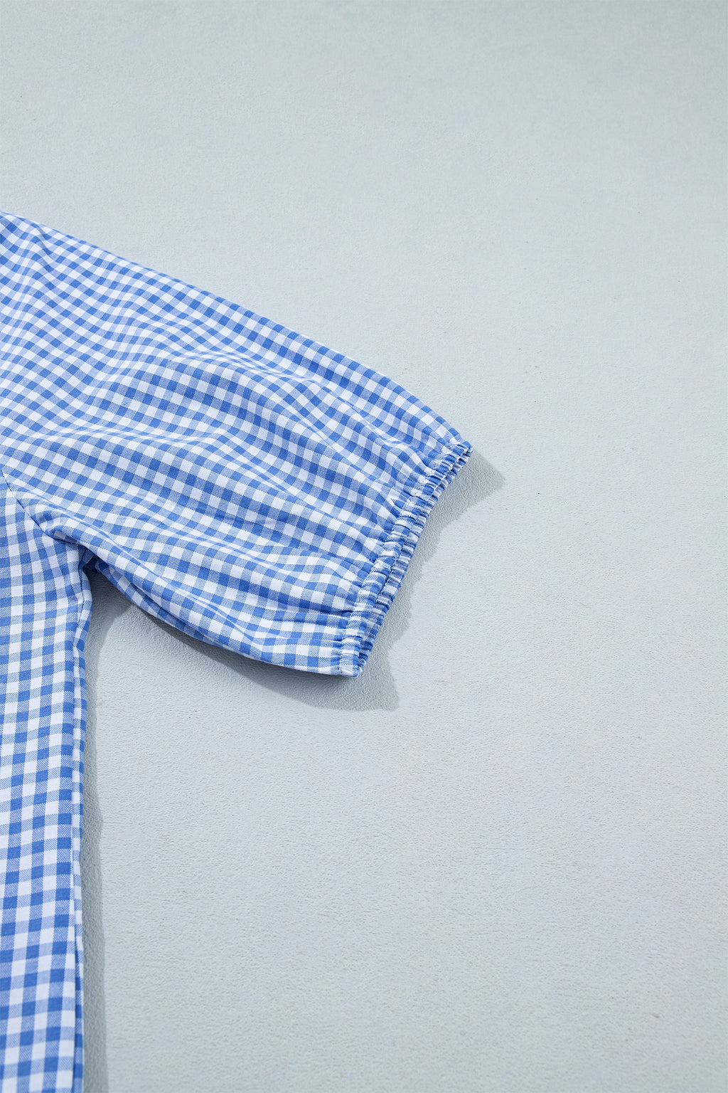 Sky Blue Summer Plaid V Neck Puff Sleeve Blouse 🇺🇸