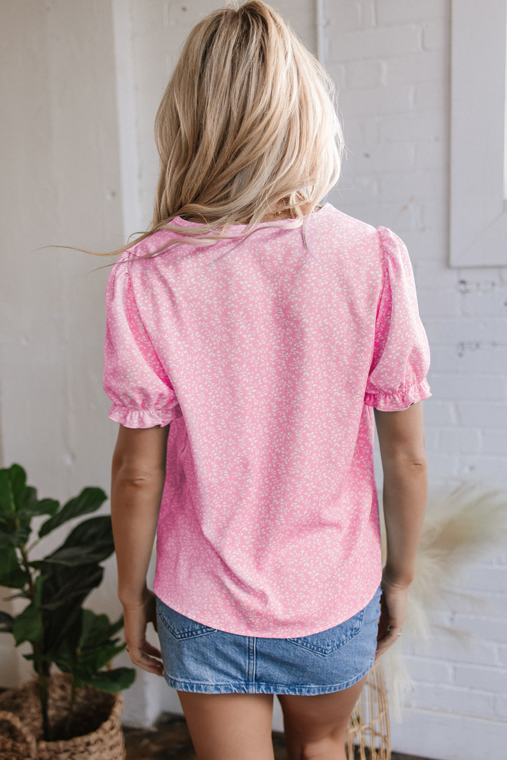 Sky Blue Floral Embroidered Puff Sleeve Notched V Neck Blouse 🇺🇸