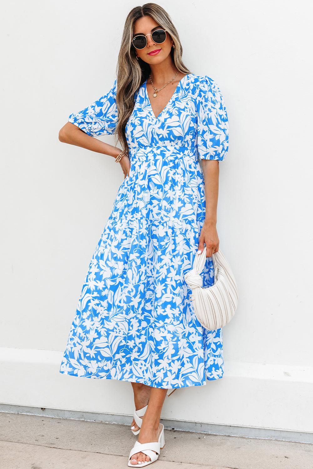 Sky Blue Floral V Neck Puff Short Sleeve Flowy Long Dress 🇺🇸