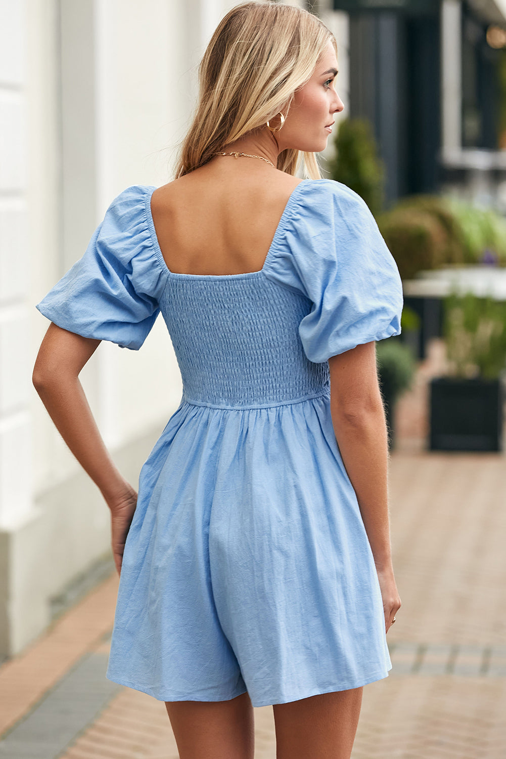 Sky Blue Brown Square Neck Ruched Puff Sleeve Romper 🇺🇸