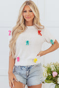 White Colorful Bow Knit Mock Neck Short Sleeve Sweater 🇺🇸