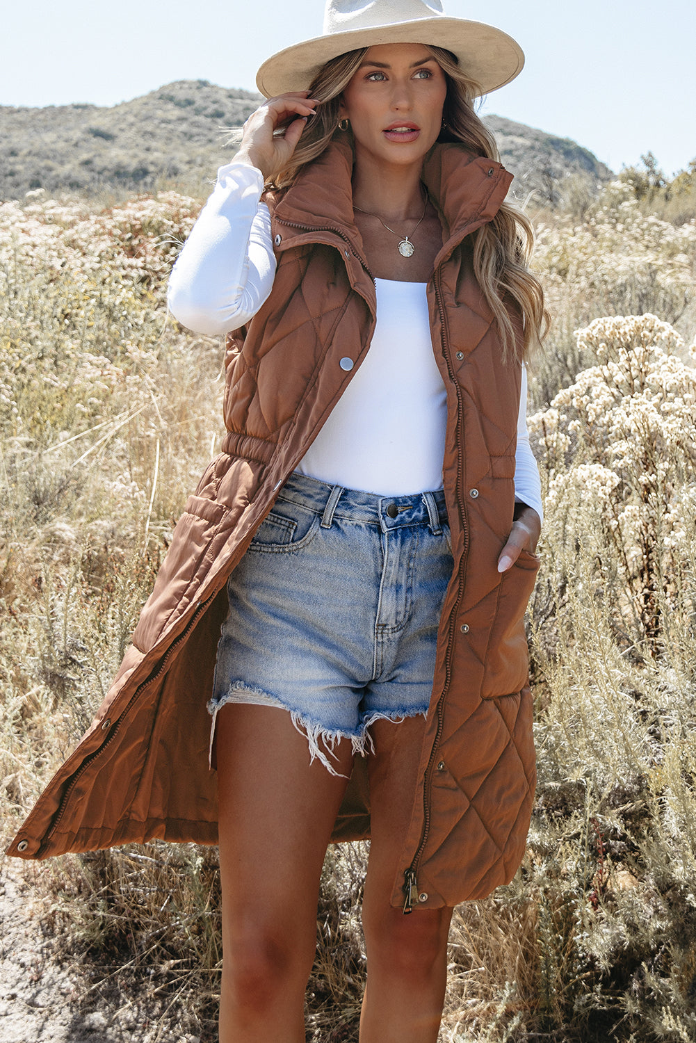 Coffee Longline Quilted Stand Collar Puffer Vest 🇺🇸