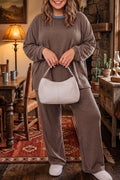 Dark Brown Long Sleeve Round Neck Patchwork Colorblock Plus Size Set  🇺🇸