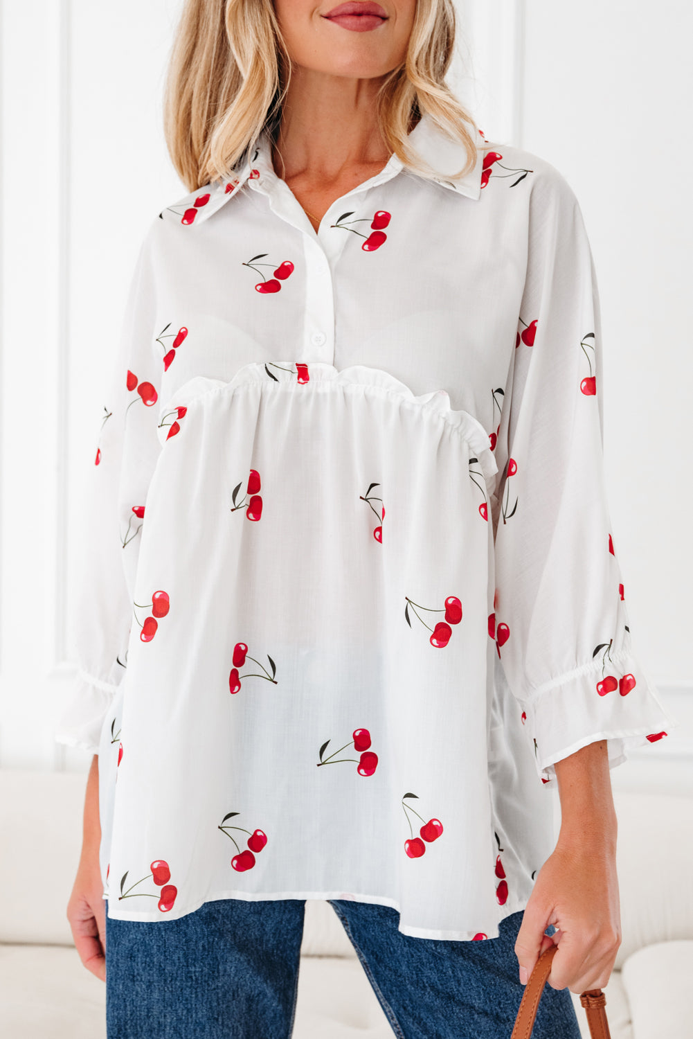 White Cherry Print Flounce Sleeve Collared Frilled Babydoll Blouse 🇺🇸