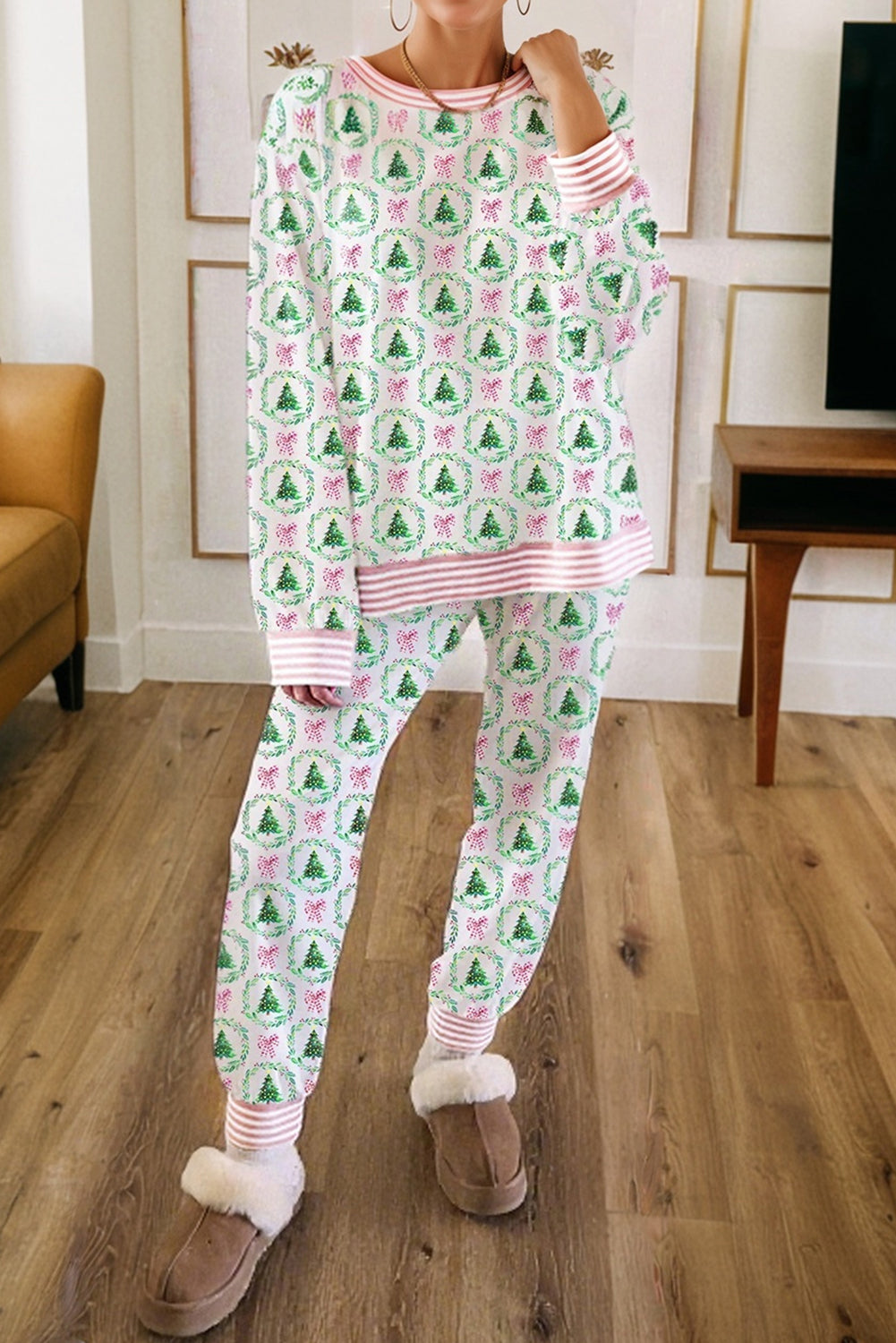 Green Bow Christmas Tree Print Contrast Striped Banding 2pcs Lounge Set 🇺🇸