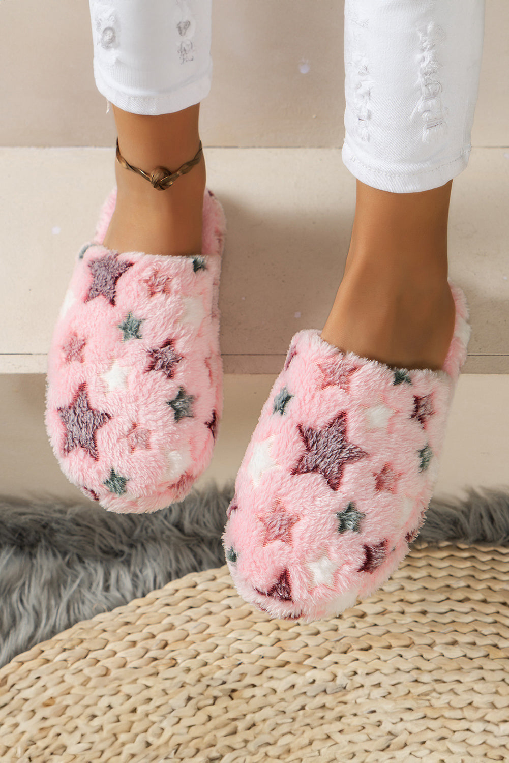 Pink Star Pattern Plush Home Slippers 🇺🇸