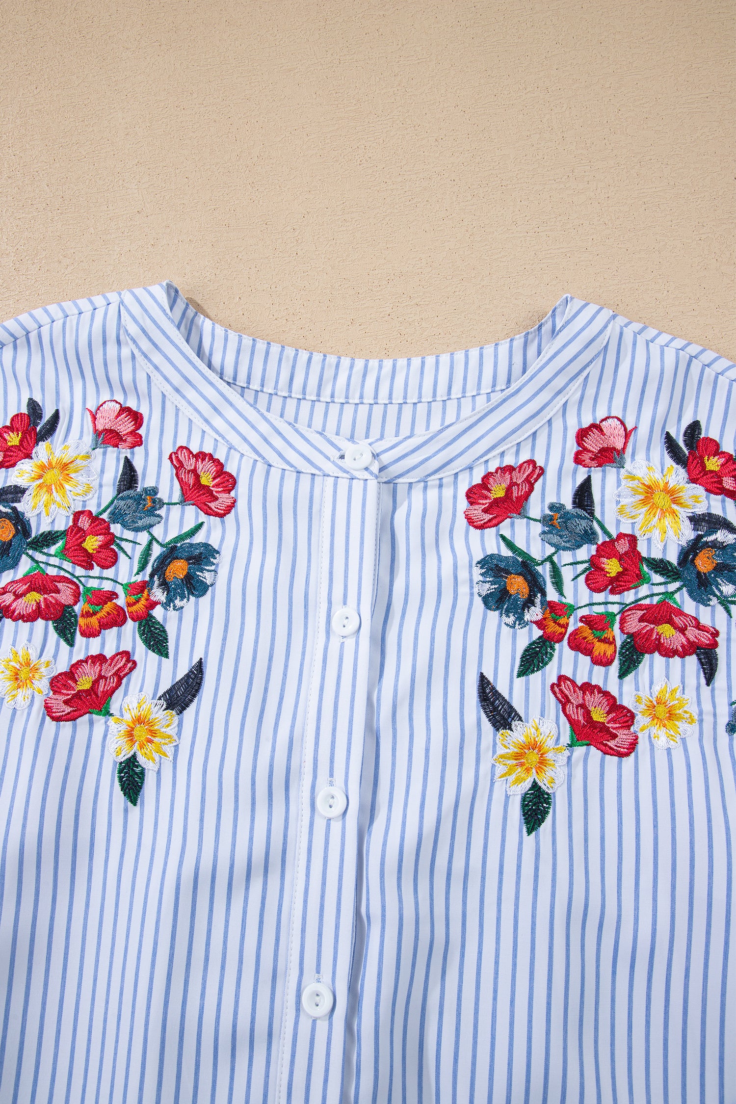Sky Blue Stripe Floral Embroidered Billowy Sleeve Tunic Baggy Shirt 🇺🇸