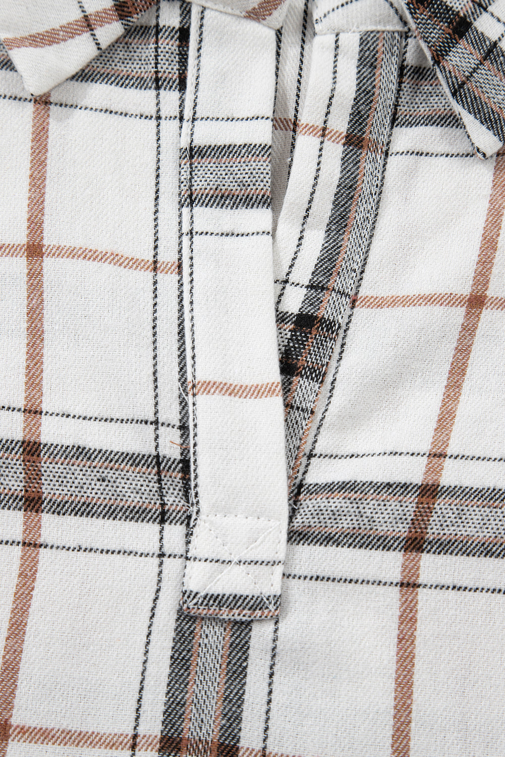 White Plaid Print Collared V Neck Loose Blouse with Side Slits 🇺🇸