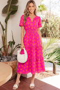 Rose Double Polka Dot Short Sleeve Shirred High Waist Midi Dress 🇺🇸