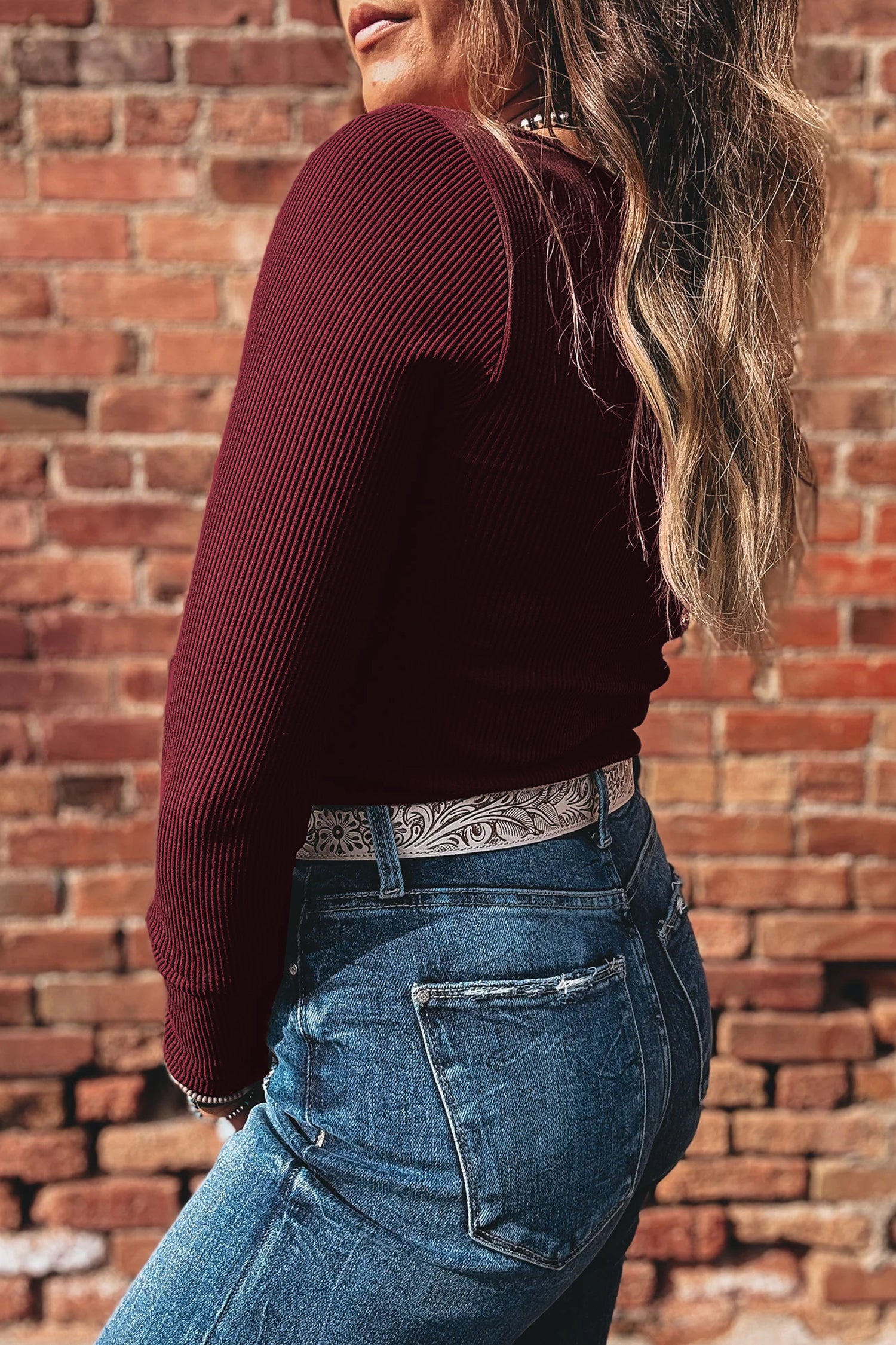 Coffee Ribbed Solid Color U Neck Cropped Long Sleeve Top 🇺🇸