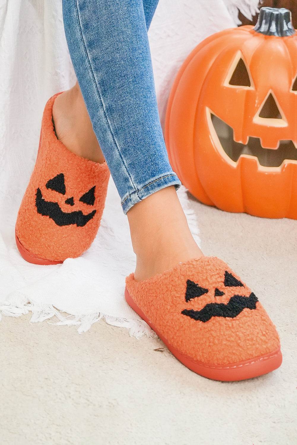 Orange Halloween Pumpkin Face Graphic Plush Slippers 🇺🇸