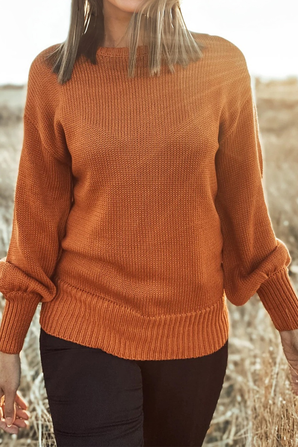 Gold Flame Solid Color Ribbed Trim Drop Shoulder Sweater 🇺🇸