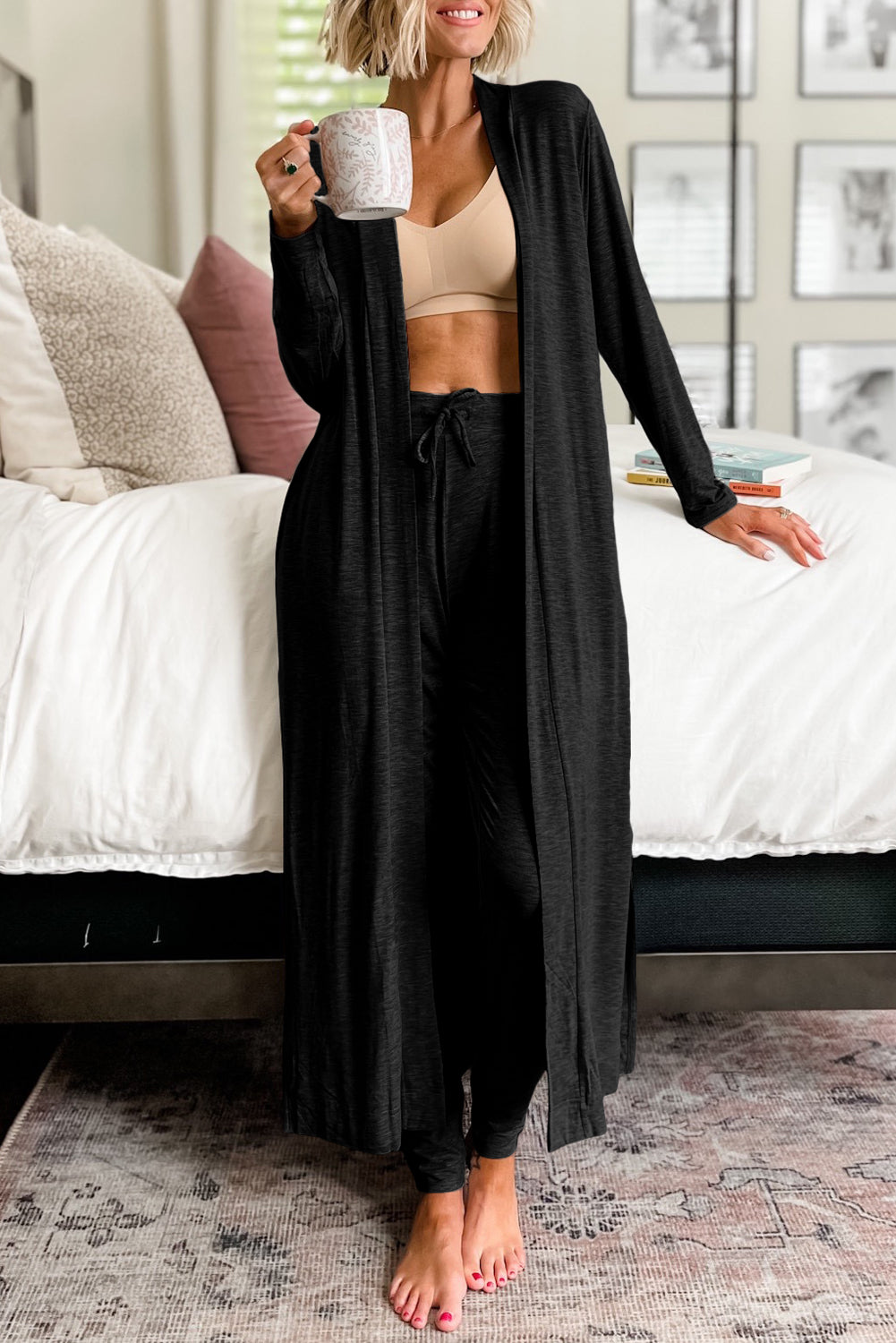 Black Split Long Cardigan and Skinny Pants Lounge Set 🇺🇲