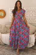 Blue Floral Print V Neck Wrap Split Maxi Dress 🇺🇸