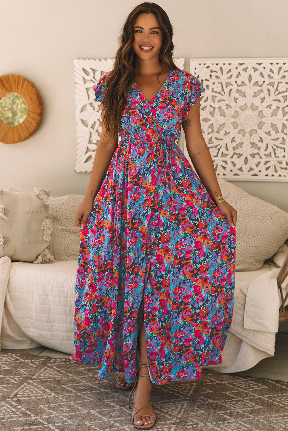 Blue Floral Print V Neck Wrap Split Maxi Dress 🇺🇸