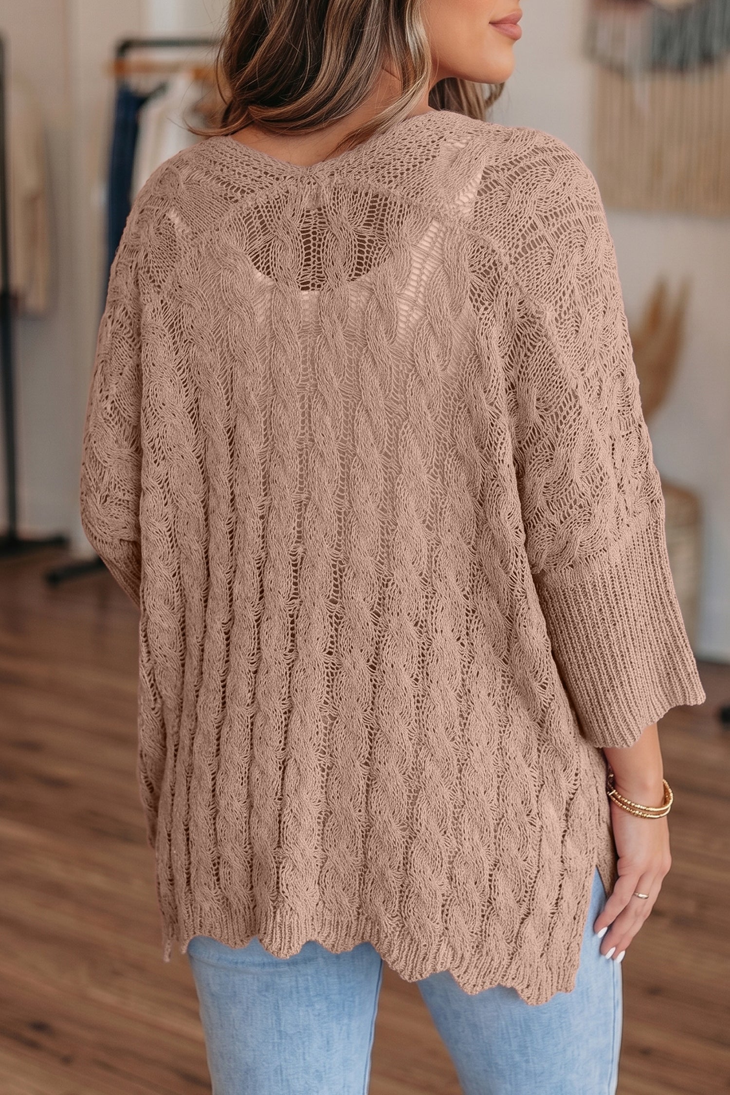 Old Rose Hollowed Pattern Knit Drop Shoulder Open Sweater Cardigan 🇺🇸