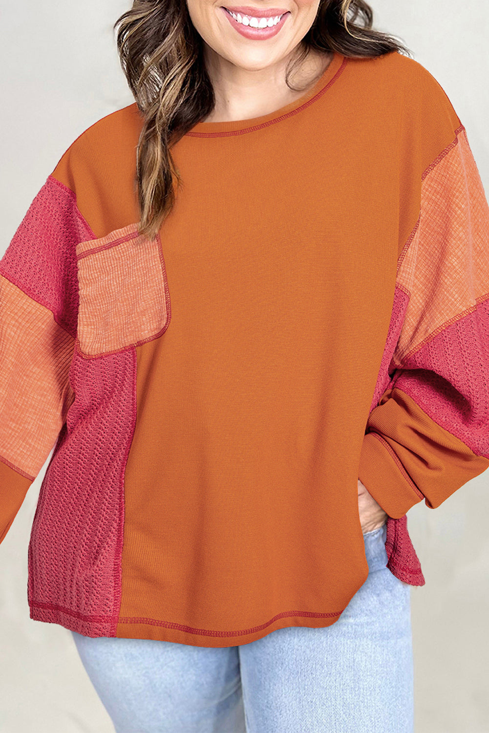 Orange Textured Knit Color Block Patchwork Chest Pocket Plus Size Top 🇨🇳