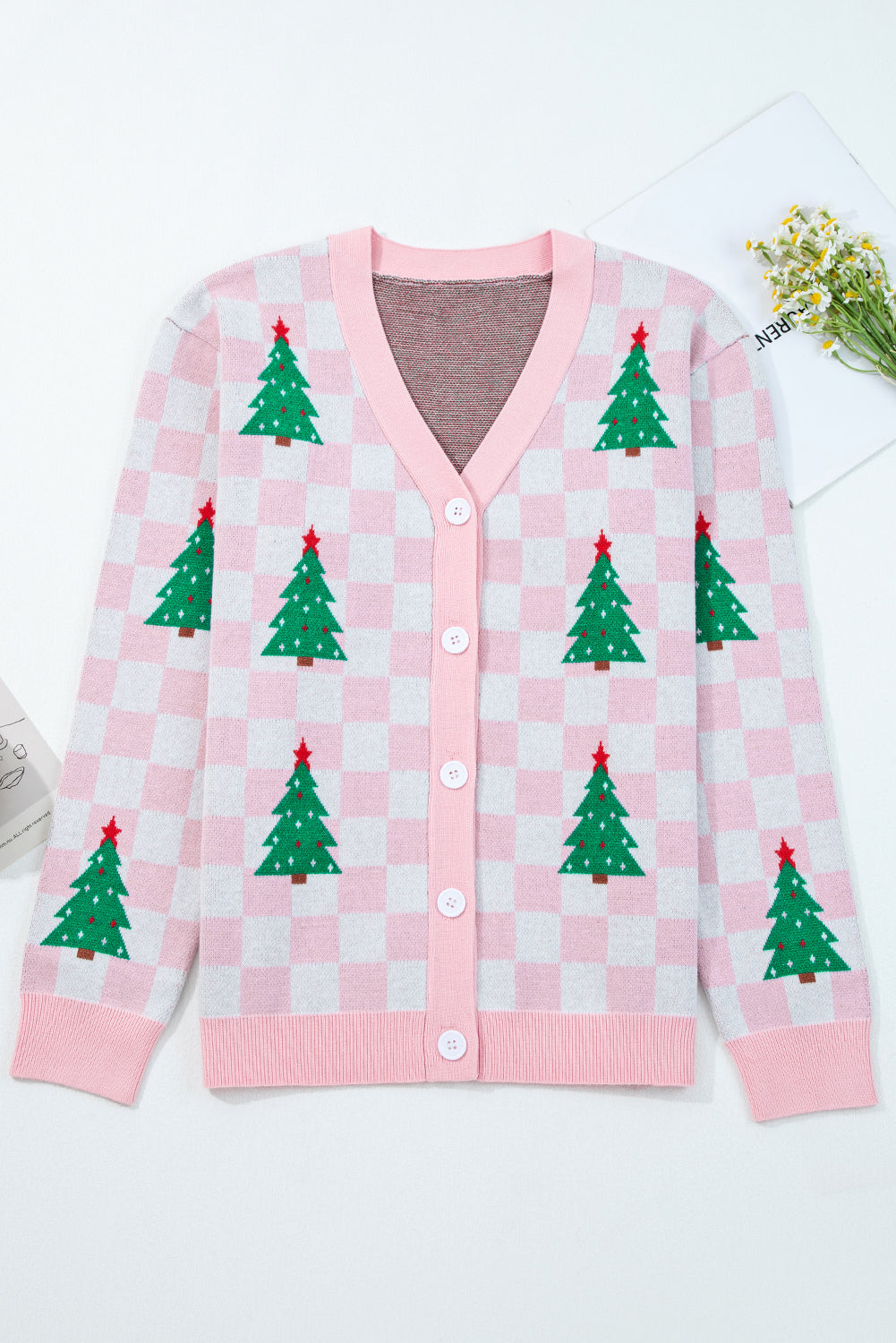 Pink Checkered Christmas Tree Pattern Button V Neck Cardigan Sweater 🇺🇸