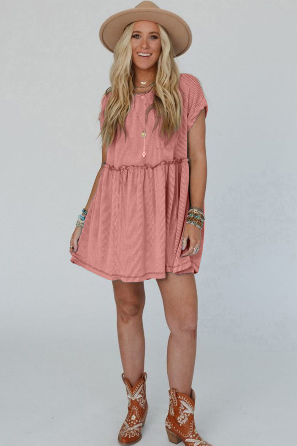 Dusty Pink Corded Knit Textured Patched Pocket Frilled Swing Mini Dress with Pockets 🇨🇳
