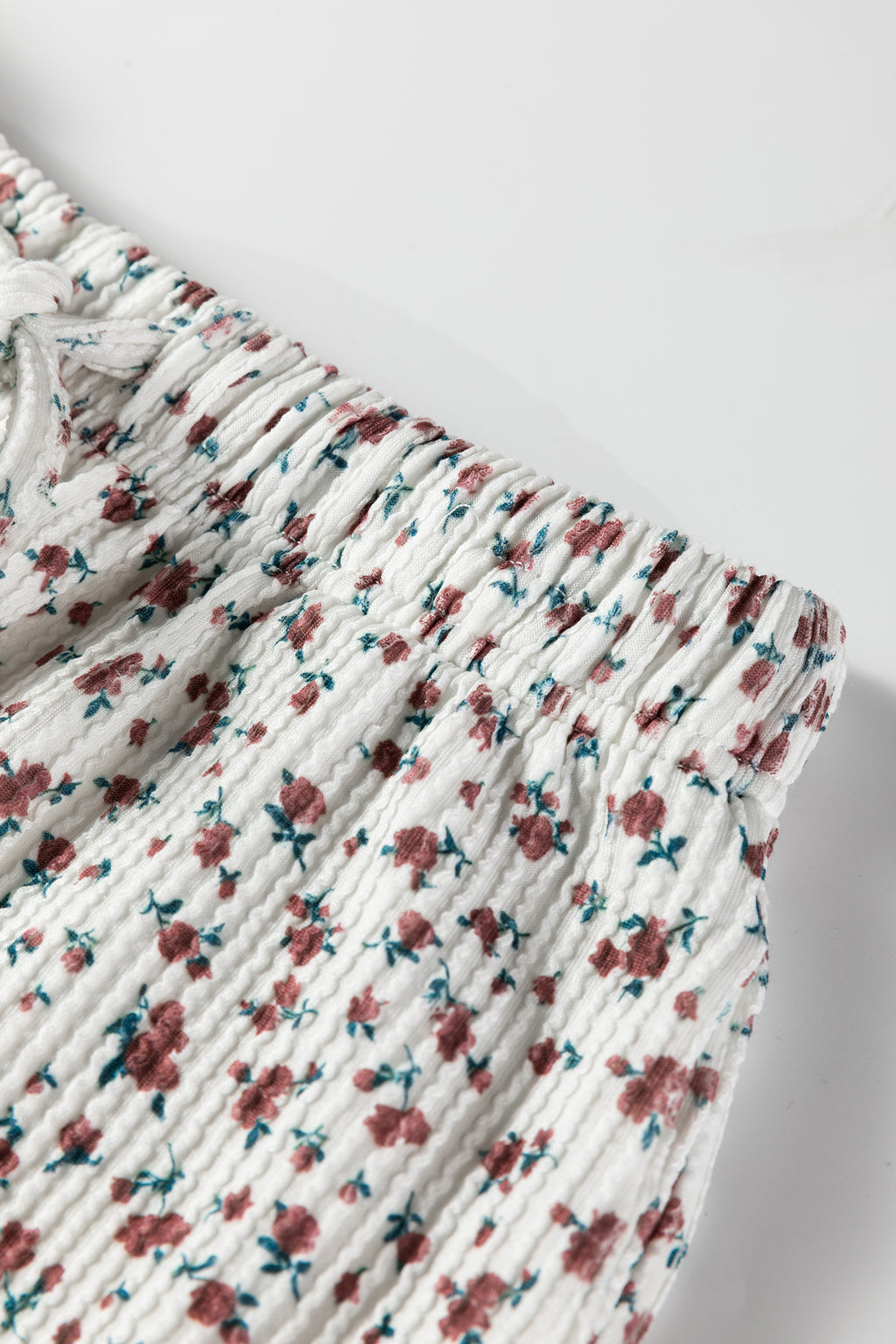 White Spiral Ribbed Floral Print Long Sleeve Henley Top Drawstring Short Set 🇺🇸