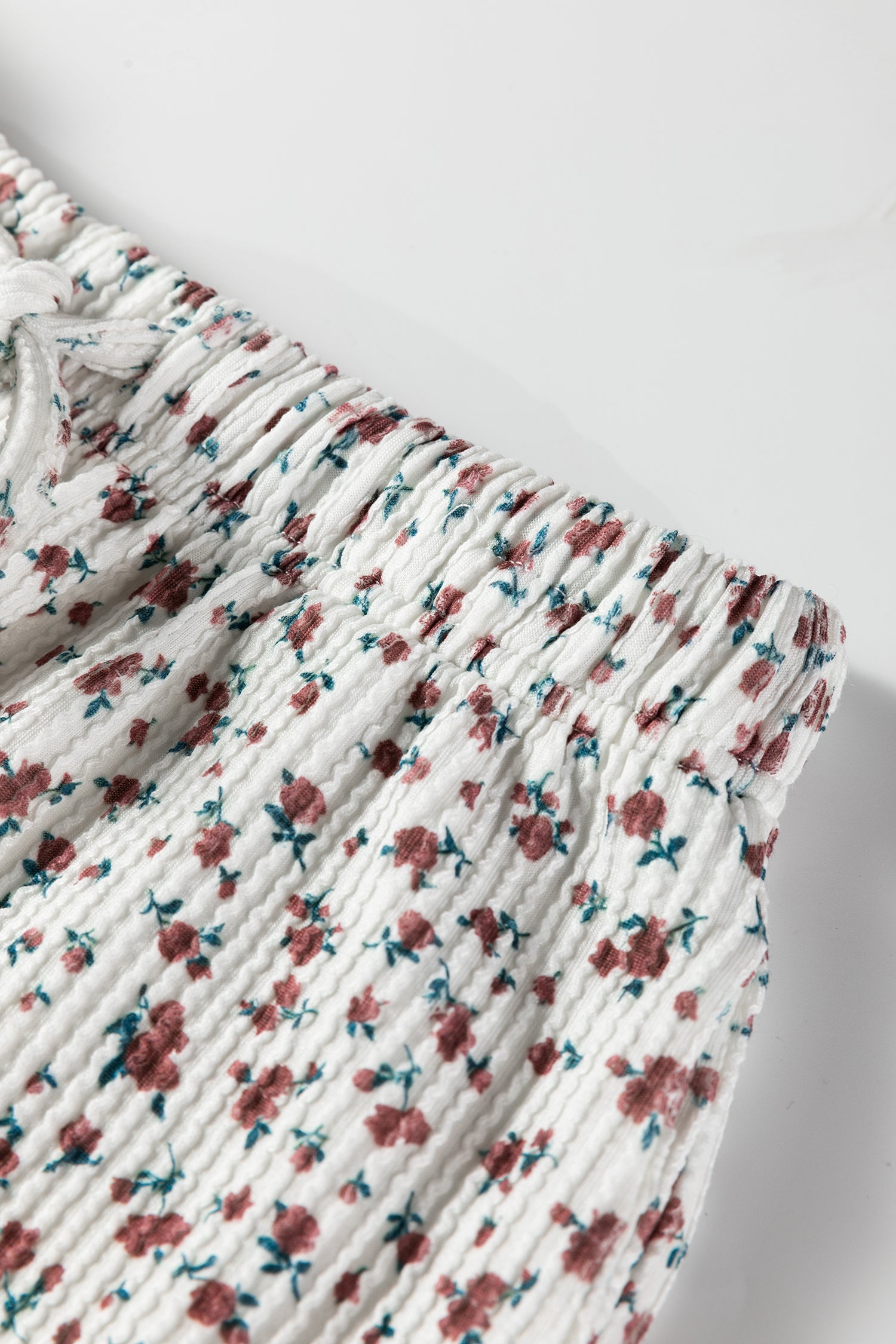 White Spiral Ribbed Floral Print Long Sleeve Henley Top Drawstring Short Set 🇺🇸