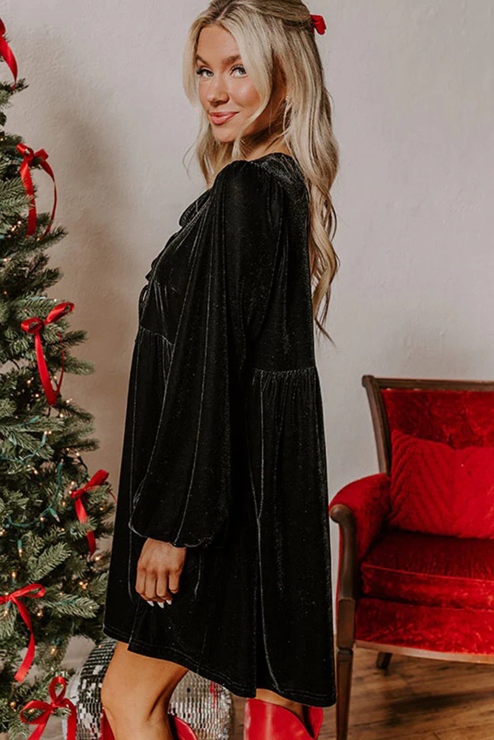 Black Front Tie Velvet Bubble Sleeve Mini Dress 🇺🇸